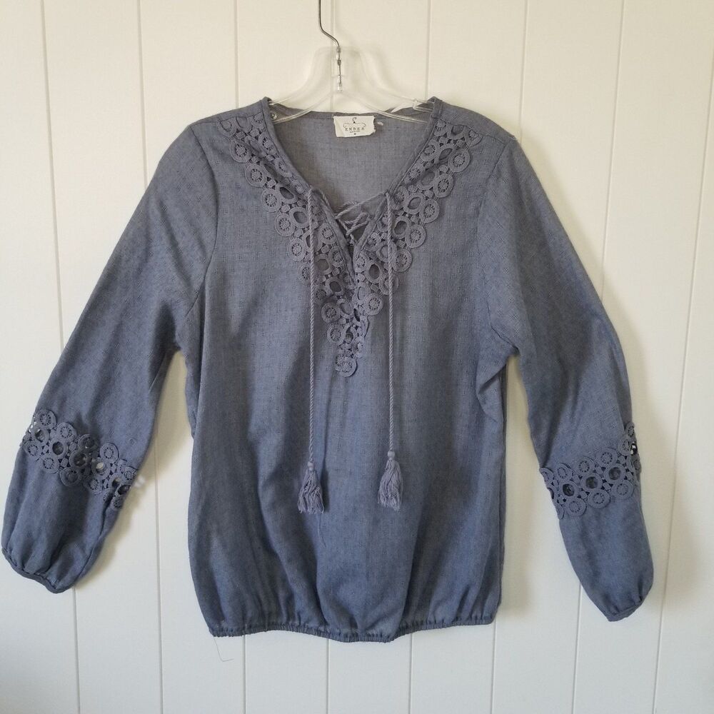 Ember Top Women's  Medium Blue Balloon Sleeve Tasseled Embroidered